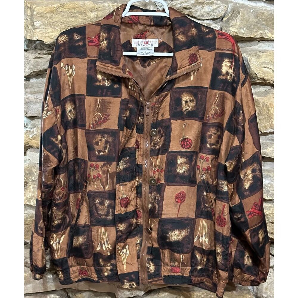 Women's Vintage SILK Stunt Sports Checkered Brown Floral Full Zip 100% Silk Jack